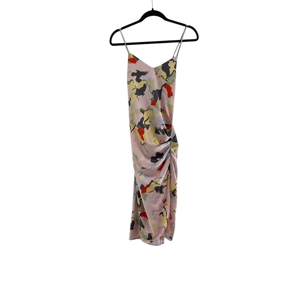 Open Edit Ruched Midi Slip Dress Cami Bodycon Floral Abstract Pink Medium M